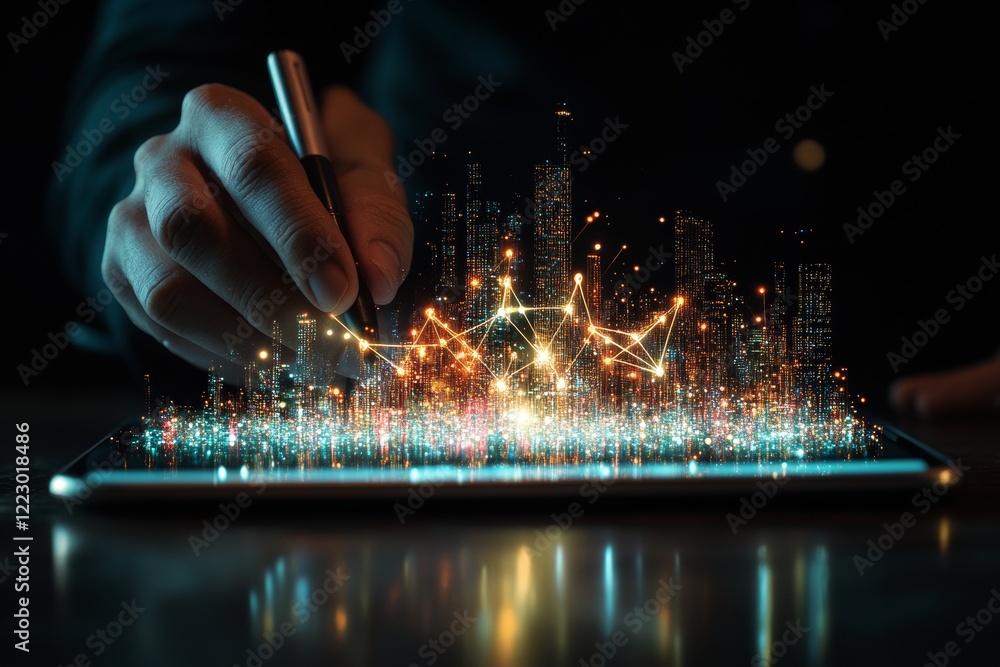Aufkleber a futuristic digital cityscape emerges from a tablet screen with a hand holding a stylus, surrounded