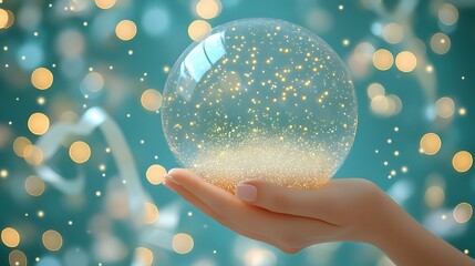 A delicate hand cradles a luminous glass sphere filled with warm, golden sparkles against a teal bokeh background.