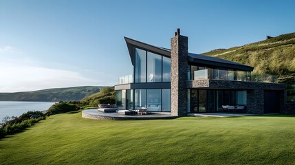 Breathtaking contemporary luxury villa with large glass windows and walls showcasing stunning panoramic views of the open ocean and coastline from atop a scenic cliffside