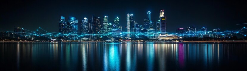 Obraz premium Technology connectivity is lively in the city, shown in a blue-themed scene