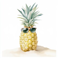Fresh pineapple wearing sunglasses, tropical vibes, and summer fun, watercolor clip art