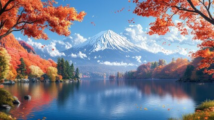 Fototapeta premium Serene Autumn Landscape with Mountain Reflection and Colorful Leaves