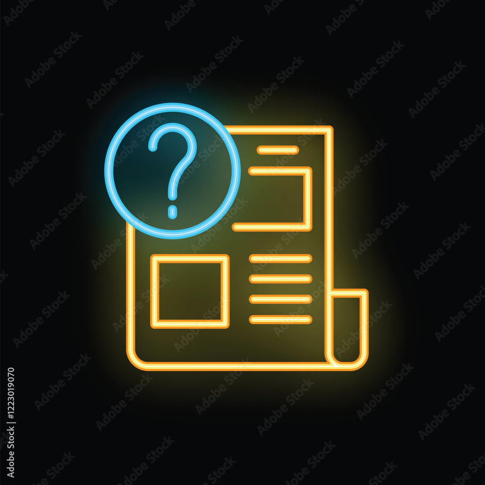 Poster neon style icon of a question mark over a document, representing the concept of frequently asked que