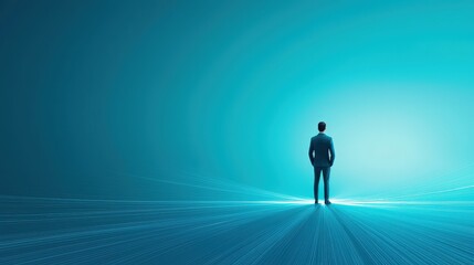 Fototapeta premium Businessman Standing in Futuristic Blue Landscape