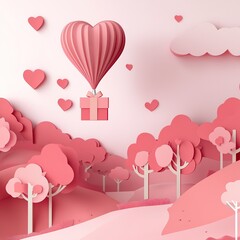 Romantic Valentine's Day illustration featuring heart-shaped balloon floating in sky above forest landscape with gift box descending. Pink color palette, heart-shaped clouds, red heart trees, paper ar
