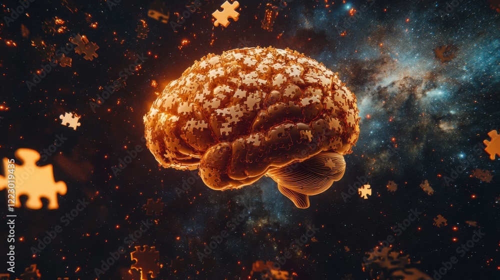 Poster A creative image of a brain composed of puzzle pieces, symbolizing the complexity of thoughts and emotions, set against a contrasting dark background