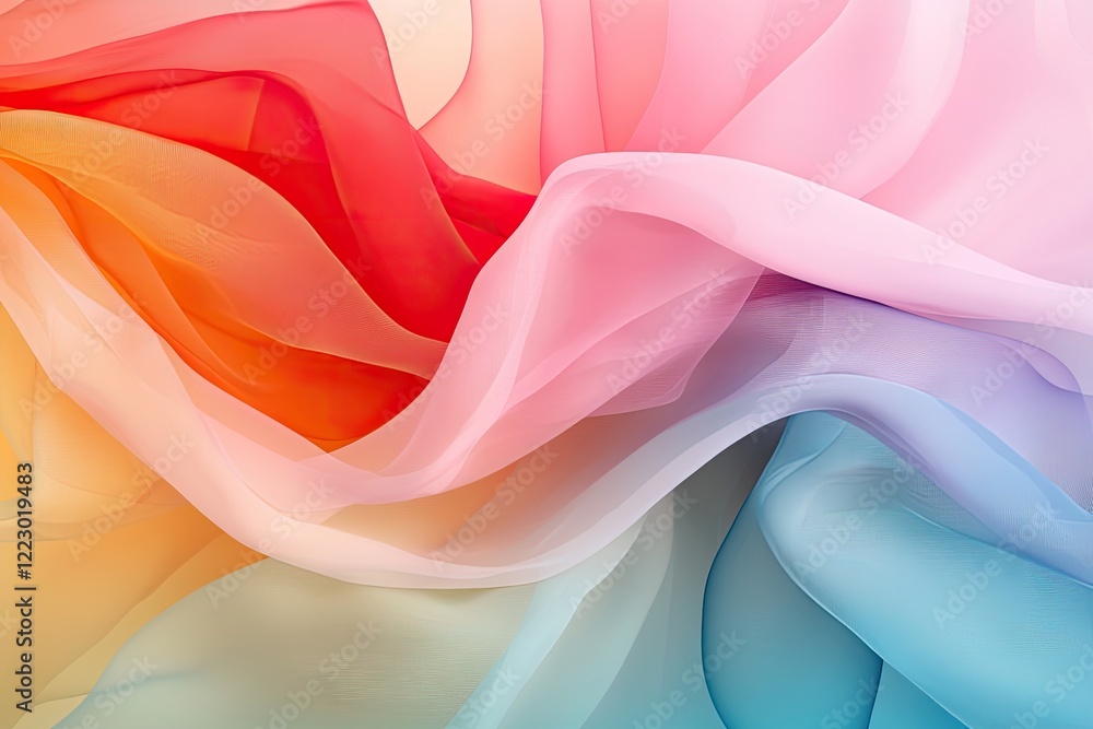 Poster a vibrant display of flowing, sheer fabric in soft pastel colors, blending from red to pink to blue,