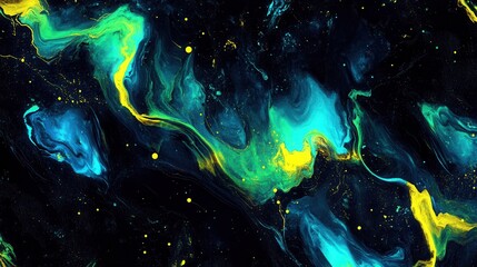 Fototapeta premium An abstract design of neon green and blue glowing waves set against a black background, blending subtle yellow accents
