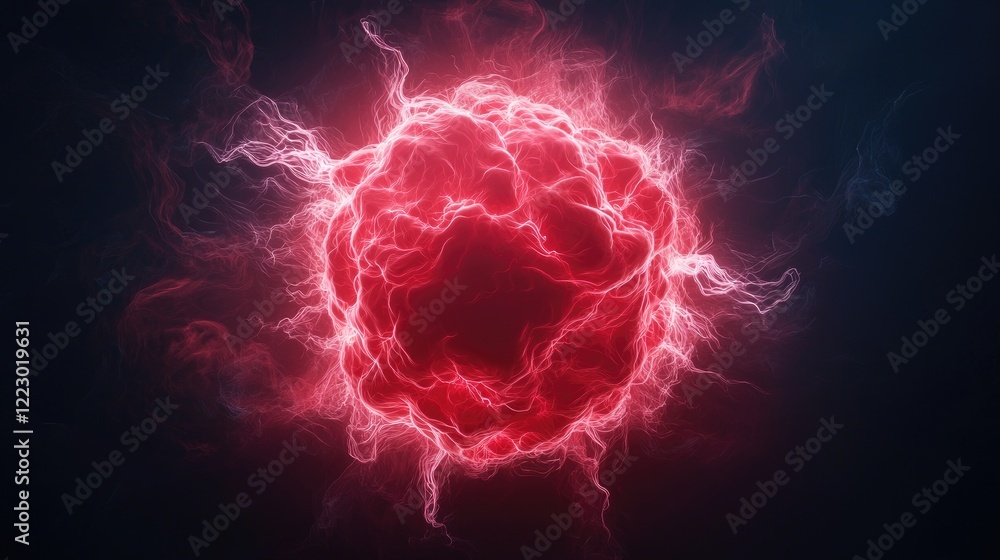 Poster a glowing red sphere surrounded by electric energy, set against a dark background, creating a dynami