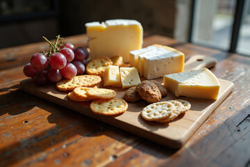 Assorted cheeses, crackers, and grapes on rustic wooden cutting board