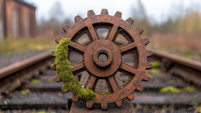 Representations of Rust Concept, weathered rusted gear with moss on railway track, evoking nostalgia
