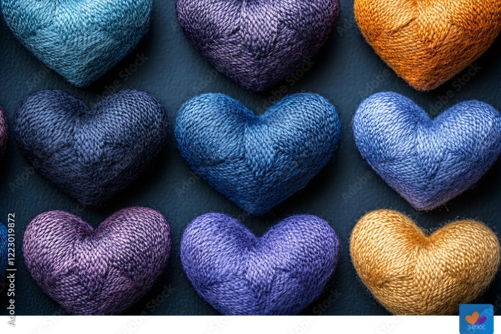 Aufkleber many small colorful handmade wool hearts arranged on a dark surface, creating a beautiful pattern pe