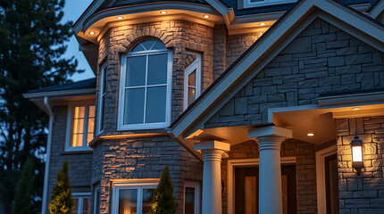 Obraz premium Luxury Stone House Exterior at Night: Illuminated Facade, Columns, and Warm Lighting