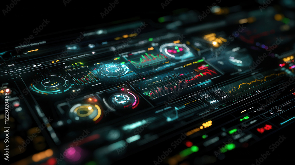 Poster futuristic digital interface displaying data analytics and market trends, showcasing vibrant graphs 