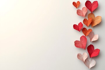 Paper hearts in red and orange aligning vertically against white backdrop, symbolizing romantic connection