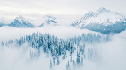 Fototapeta premium Snowy Mountain Peaks and Evergreen Forest Enveloped in Mist: An Aerial Winter Wonderland