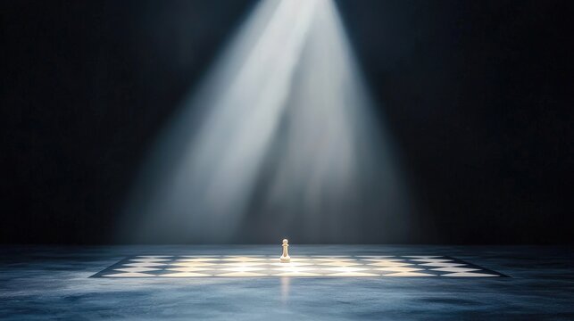 Chess Piece in Spotlight on Dark Chessboard
