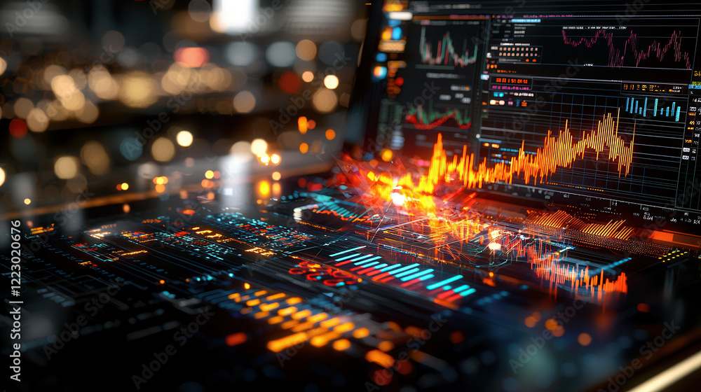 Poster futuristic image of laptop displaying stock market data with vibrant graphs and charts, symbolizing 