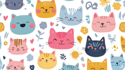 Adorable Cat Faces Seamless Pattern: Happy Kittens and Floral Elements