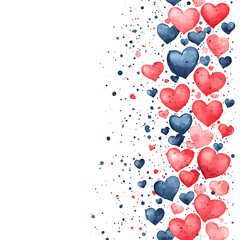 Valentine's watercolor hearts cascading vertically in red and blue, conveying romantic mood with soft, artistic coloration