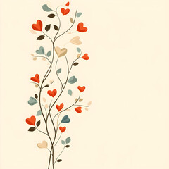 Romantic floral arrangement featuring heart shaped leaves in red, beige, blue, expressing love against soft pastel Valentine's backdrop