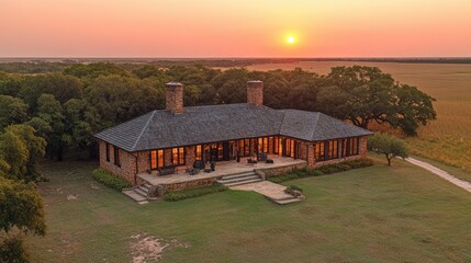 Stone Ranch House Sunset Landscape View