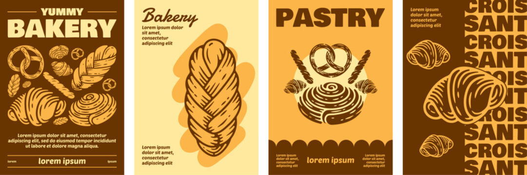 Vintage bakery poster set, hand-drawn bread and pastry illustrations with retro typography and warm color palette for bakeries, cafes, and food advertising.