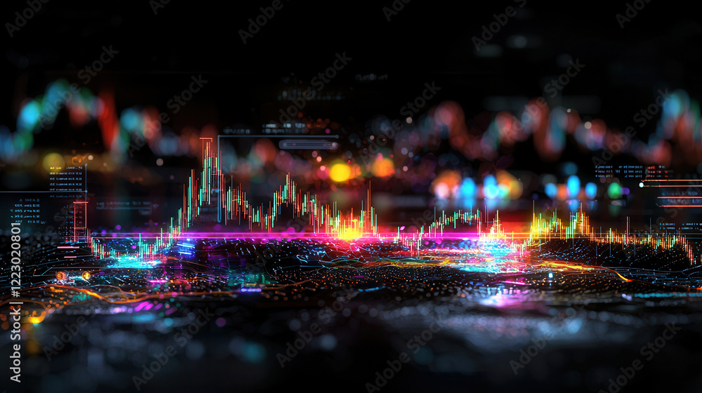 Poster vibrant digital representation of stock market uptrend, showcasing colorful graphs and data visualiz