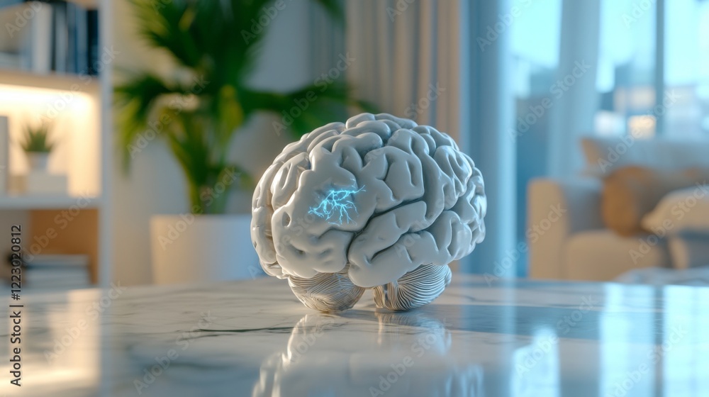 Poster a detailed d rendering of a human brain with highlighted areas showing different functions, placed o