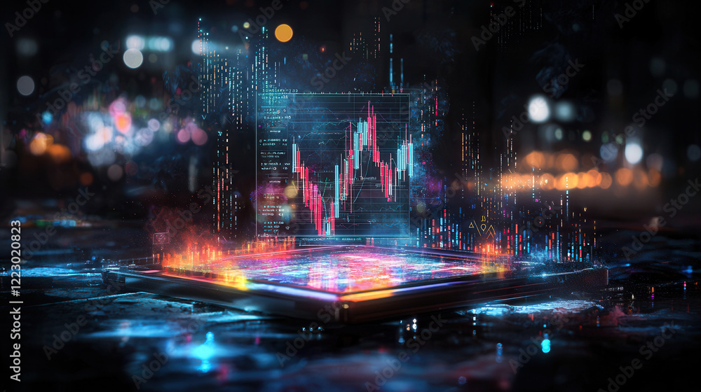 Aufkleber futuristic digital stock market display with vibrant graphs and data visualizations, showcasing upwa