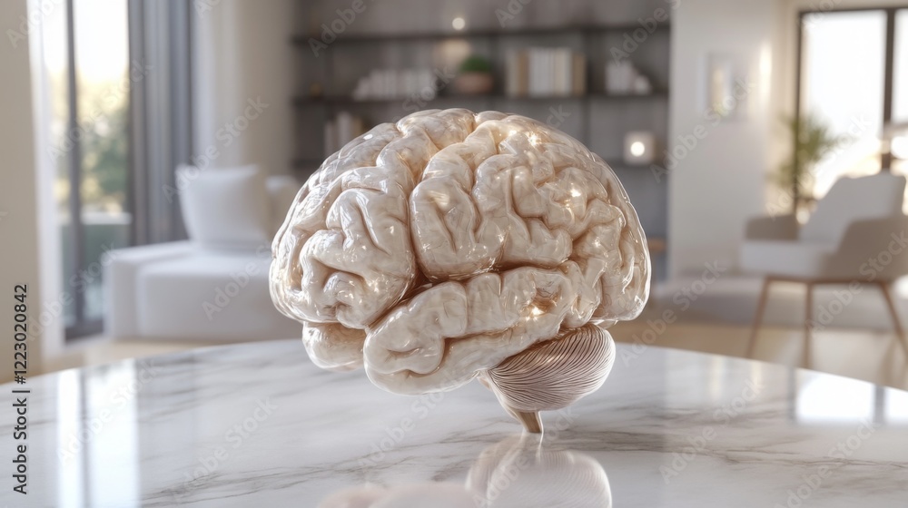 Poster a detailed d rendering of a human brain with highlighted areas showing different functions, placed o