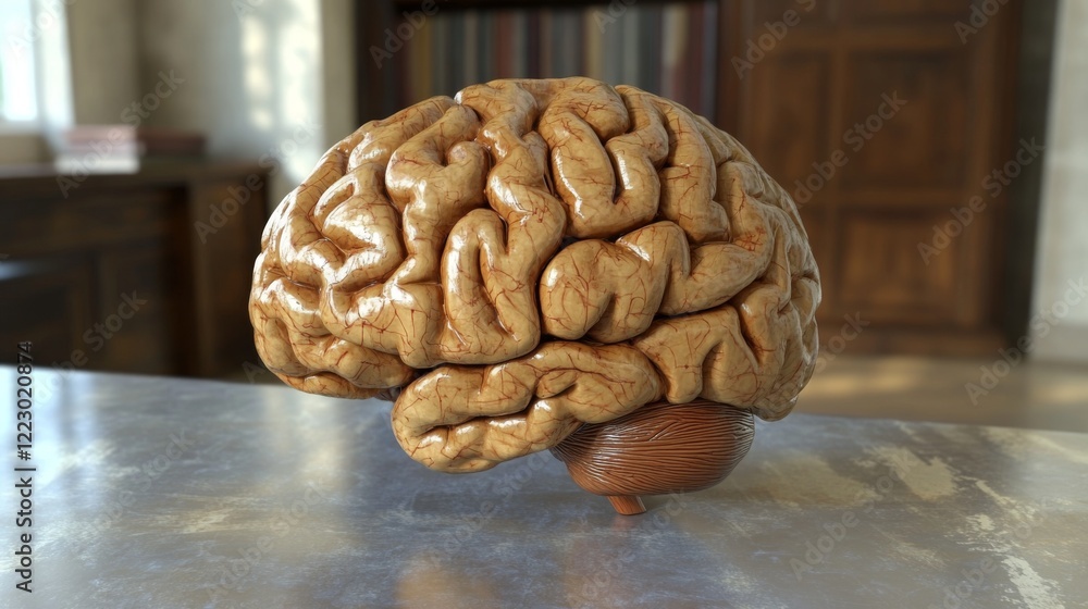 Poster a detailed d rendering of a human brain with highlighted areas showing different functions, placed o