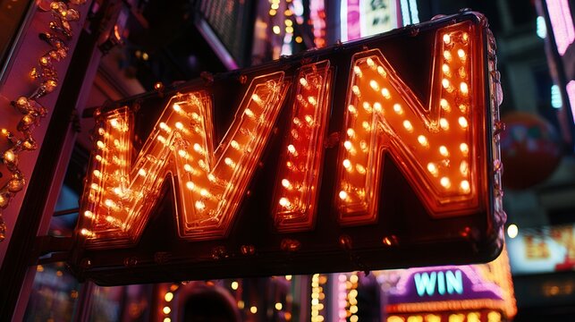 Bright neon sign displaying the word win in a bustling city at night surrounded by vibrant lights and advertisements
