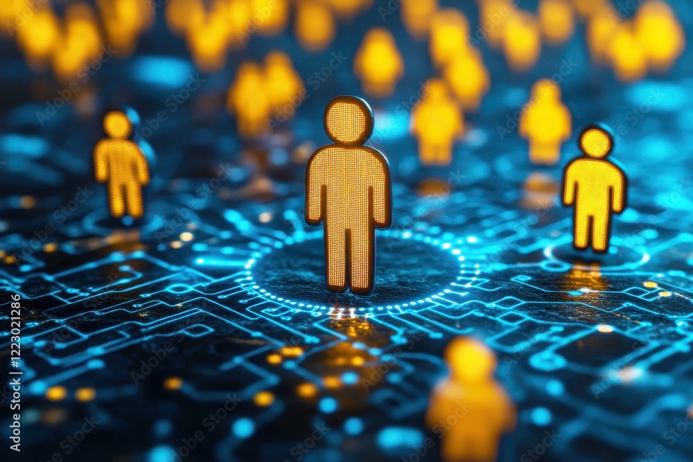 Poster conceptual representation of digital network connections with human figures symbolizing online inter