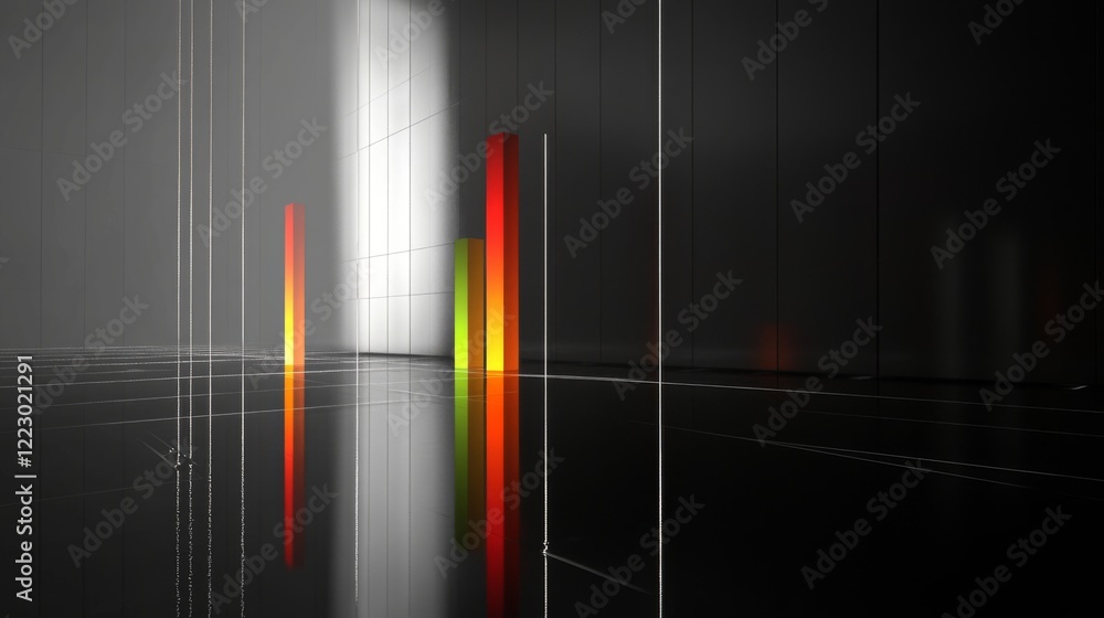 Aufkleber a digital bar graph with sleek, metallic colors, displayed on a black reflective background, with li