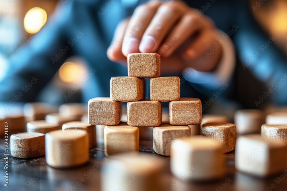 Aufkleber wooden block pyramid transformation with business professional hand constructing a structure on tabl