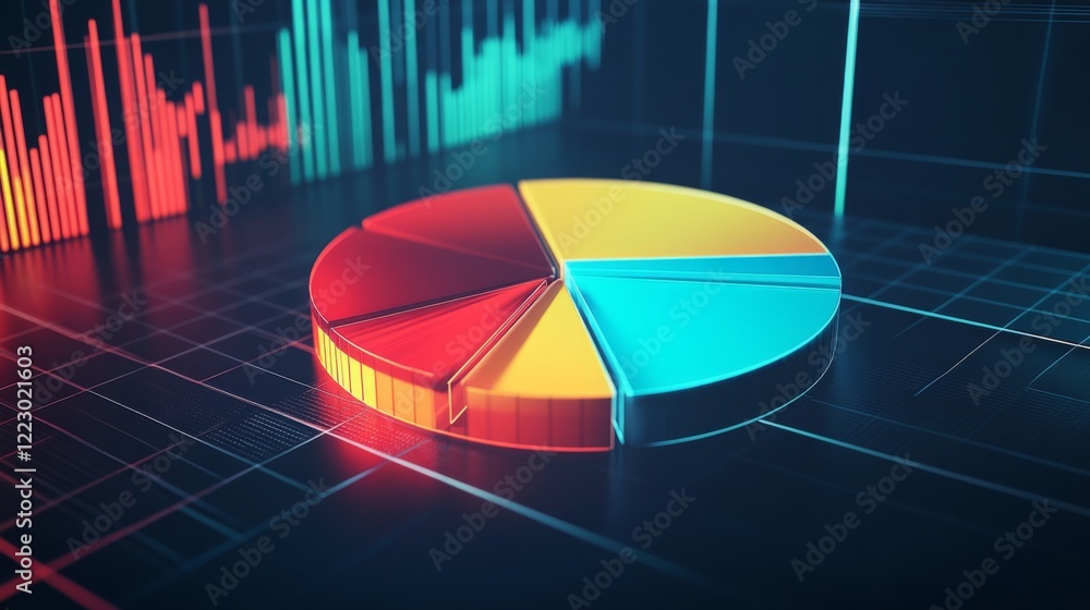Aufkleber a digital pie chart with multicolored segments, glowing slightly against a dark grid background, con