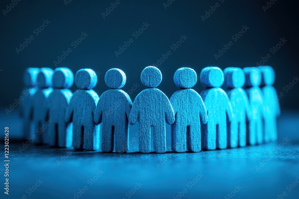 Poster wooden figures representing teamwork and collaboration standing in a circle on a dark background wit