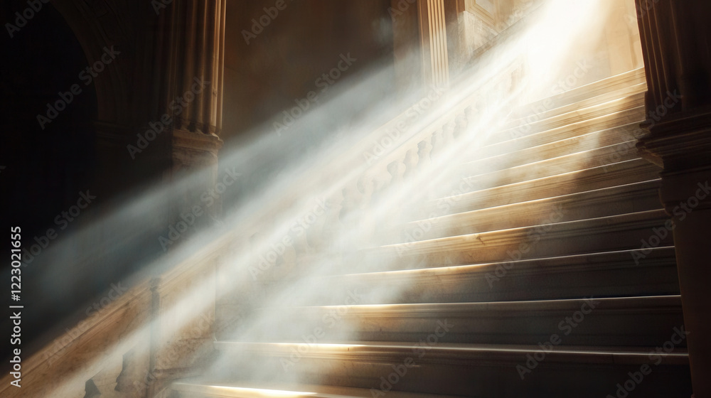 Poster serene image of illuminated stairs with soft light beams creating tranquil atmosphere