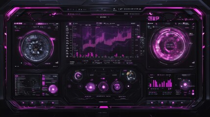 A digital representation of a financial dashboard with various graphs and charts, including line and bar graphs, on a futuristic interface with glowing effects