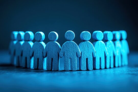 Wooden figures representing teamwork and collaboration standing in a circle on a dark background with blue lighting highlighting unity concept