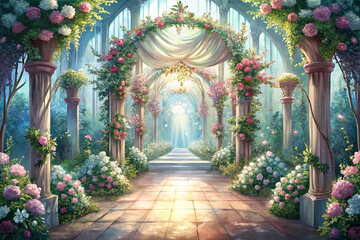 Sunlit rose-draped pathway in a magical garden.