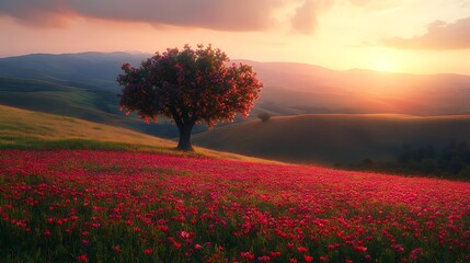A heart shaped tree stands in the center background