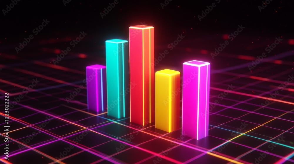 Poster a dynamic d bar graph with multicolored bars arranged in a rising trend, displayed on a digital grid