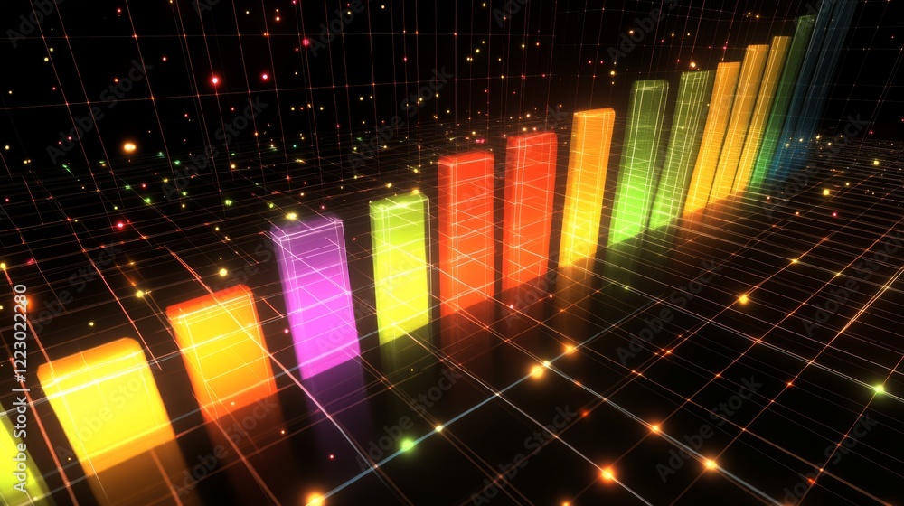 Poster a dynamic d bar graph with multicolored bars arranged in a rising trend, displayed on a digital grid