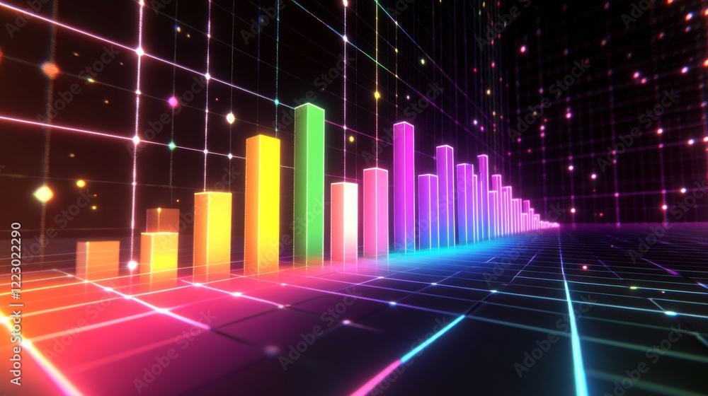 Poster a dynamic d bar graph with multicolored bars arranged in a rising trend, displayed on a digital grid