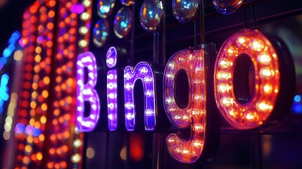 Brightly lit bingo sign showcasing colorful lights at a gaming venue in the evening hours