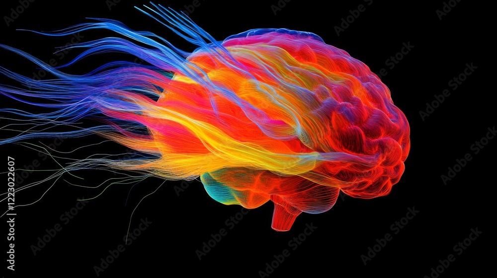 Leinwandbilder A dynamic image of a brain connected to colorful wires, representing the flow of information and technology, set against a dark, tech-inspired background