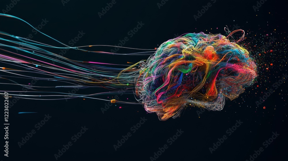 Leinwandbilder A dynamic image of a brain connected to colorful wires, representing the flow of information and technology, set against a dark, tech-inspired background
