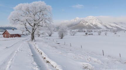 Snowy landscape, winter farm, mountain view, rural scene, postcard
